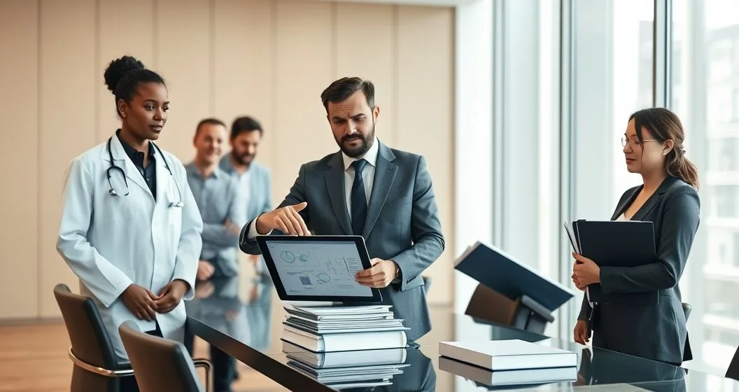 Doctor lawyer and consultant consult with a corporate attorney over a tablet showing a layered schematic and folders representing legal structures and insurance at a modern conference table