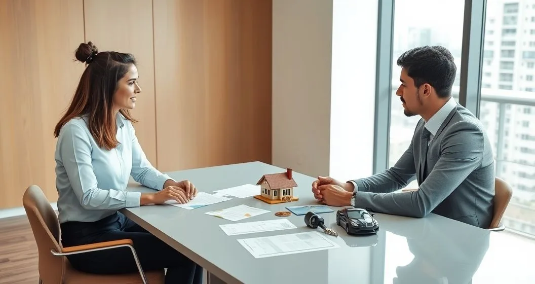 Financial advisor with a diverse couple at a conference table pointing to documents and a spread of assets including a house model car key bank card and certificate representing ownership and transfer