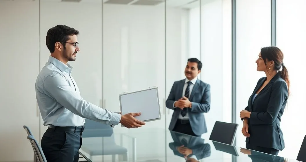A lender representative hands a closed loan folder to a third party representative in a modern glass walled conference room while a borrower and financial advisor watch and the two professionals shake hands.