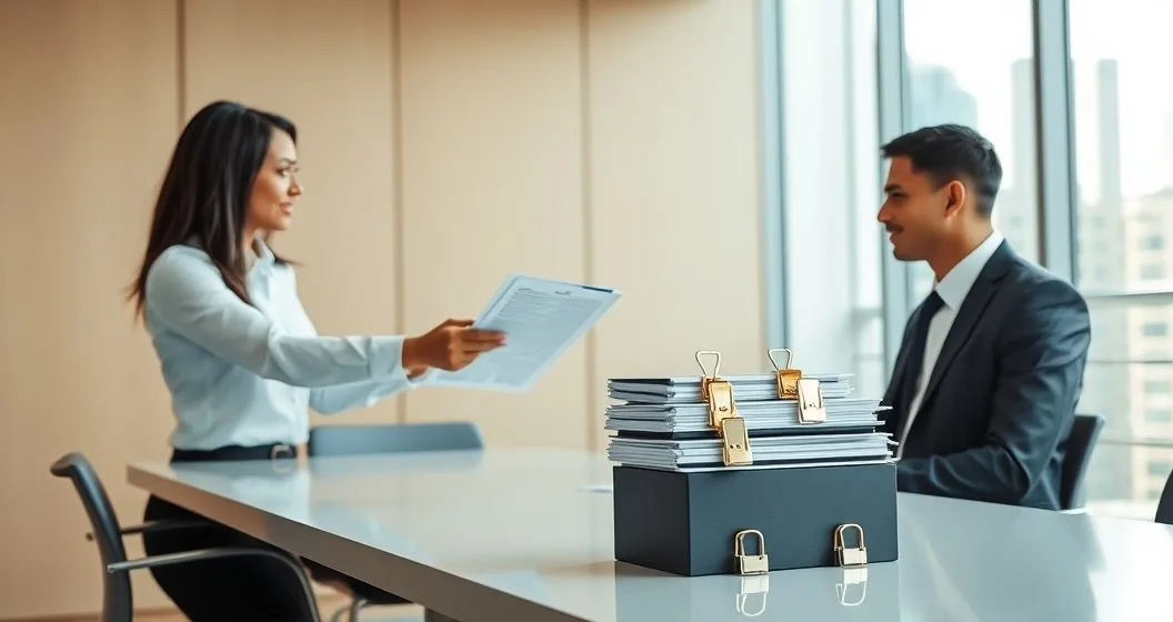 Two diverse financial professionals exchange a loan folder in a modern conference room with a tiered file display showing folders in gold silver and bronze positions symbolizing priority and subordination