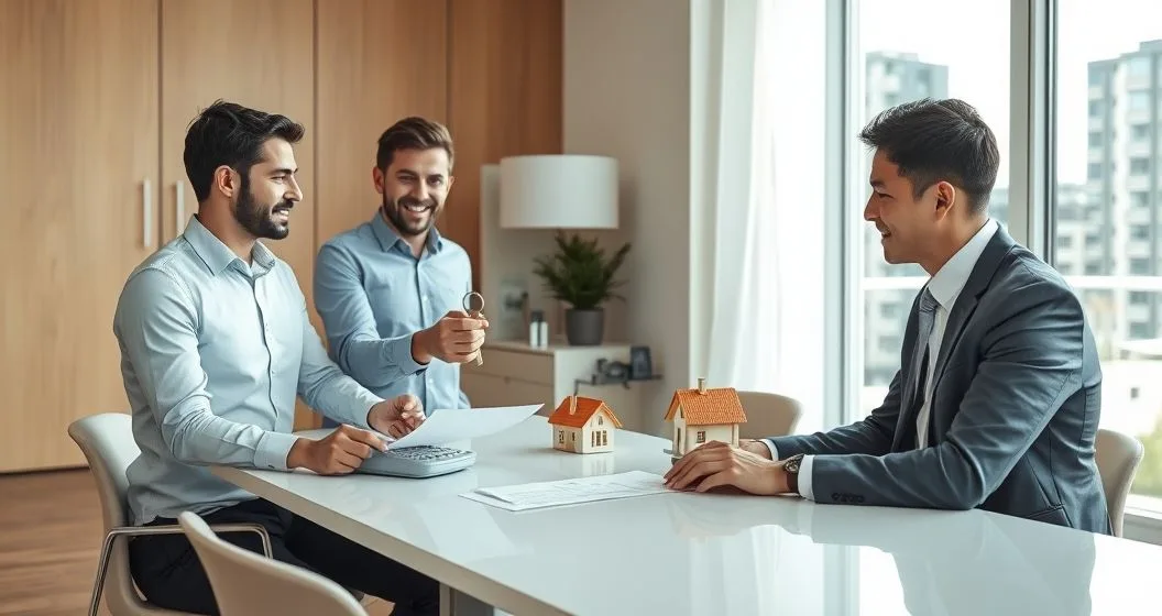 Buyer and seller exchange house keys as a loan officer points to mortgage documents on a conference table with a small house model in a modern office.