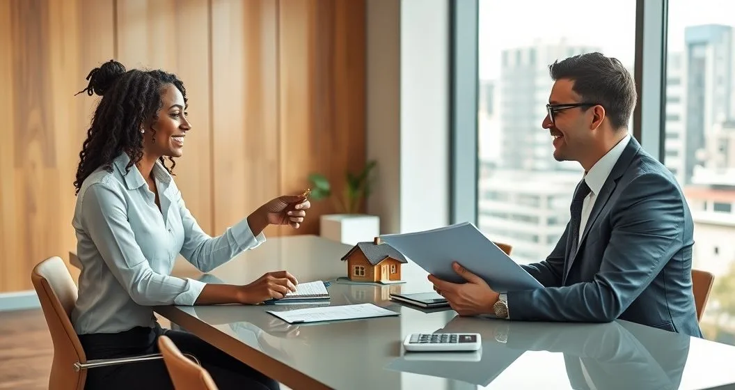 Buyer receives house keys from seller as a loan officer reviews mortgage documents in a modern office