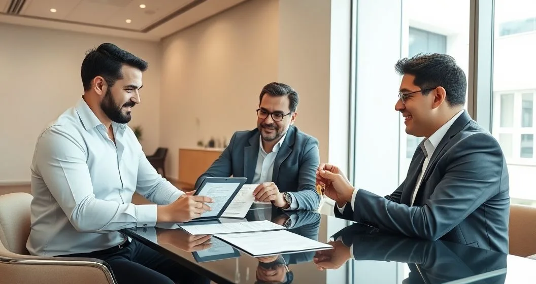 Mortgage officer and diverse buyer and seller reviewing and signing assumable mortgage documents in a modern conference room