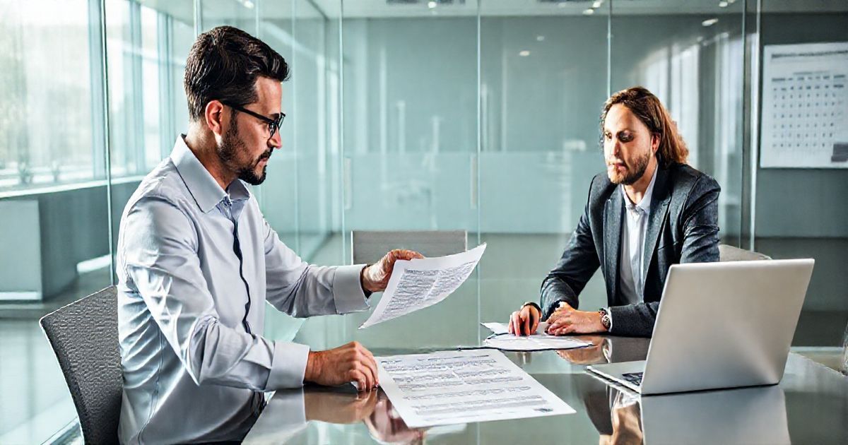 Tax professional pointing at an audit closing letter while a colleague updates carryover figures on a laptop and a calendar is visible in the background