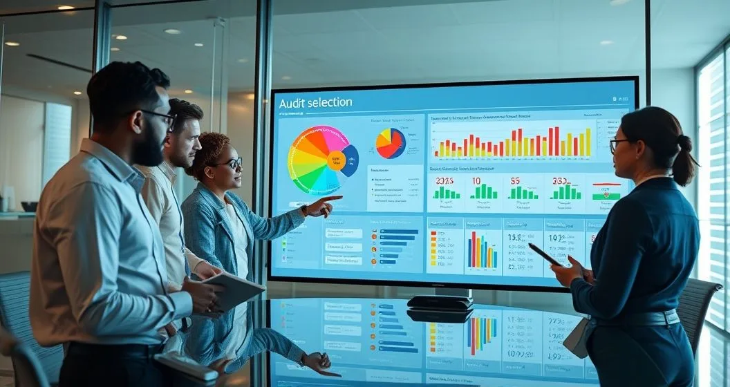 A diverse group of tax and data analysts reviewing a large screen showing heatmap clusters and risk scores used to select returns for audit