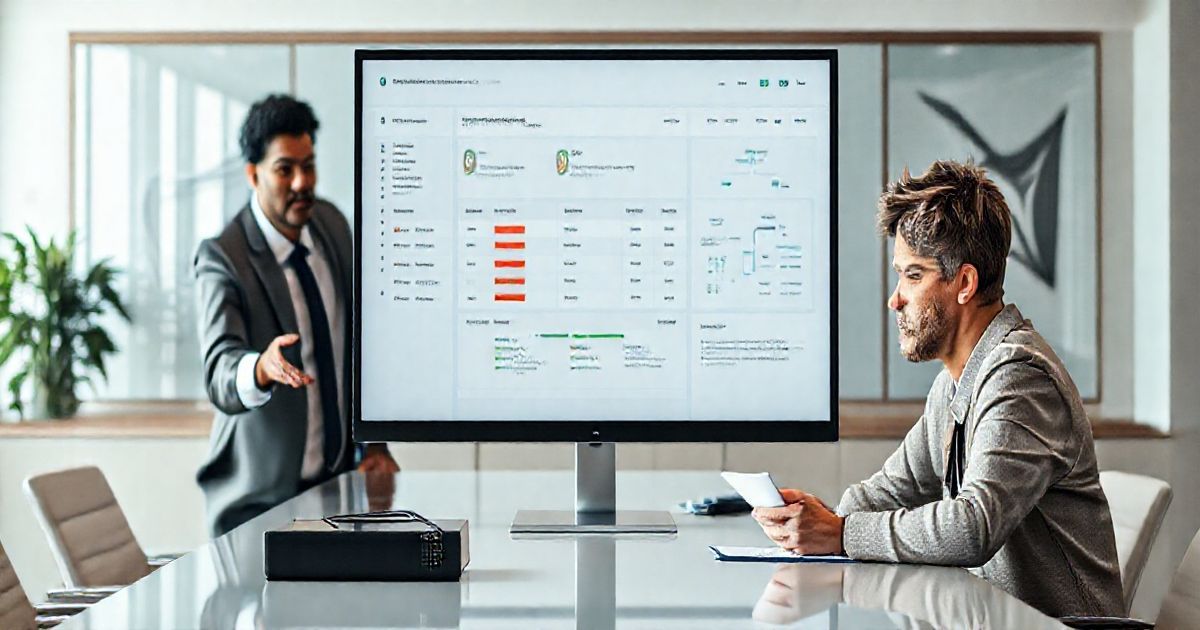 Computer monitor showing flagged matched income records as a tax officer points and a worried taxpayer holds a mailed notice in a clean conference room.