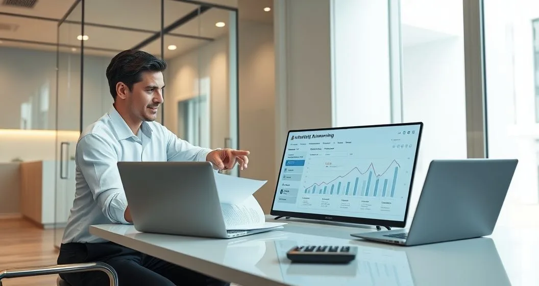 Loan officer and applicant looking at a laptop showing an abstract underwriting dashboard in a modern bank meeting room