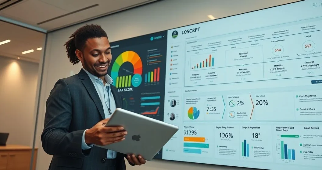 Two loan officers review a tablet and wall dashboard showing a glowing risk score gauge, charts for cash flow and credit history and a flow routing applications