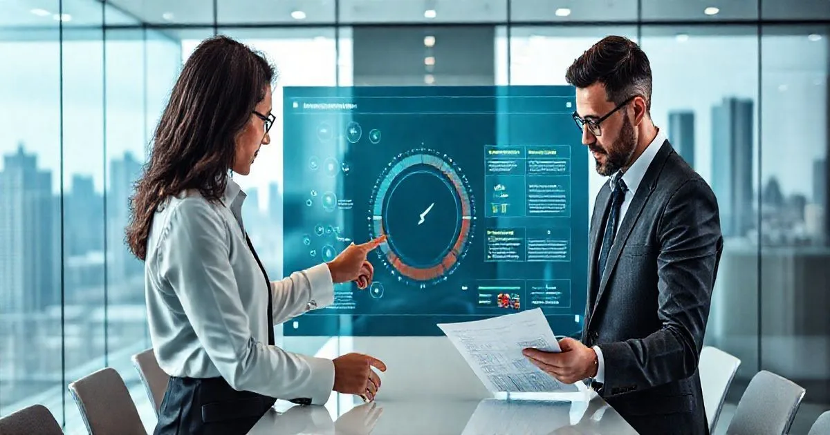 Three financial professionals in a modern conference room examining a transparent touchscreen with algorithmic risk visualizations while comparing a printed loan file