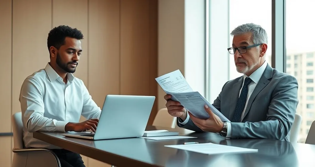 Loan officer at a laptop displaying an automated underwriting dashboard and an underwriter with printed files discussing pros and cons in a modern conference room