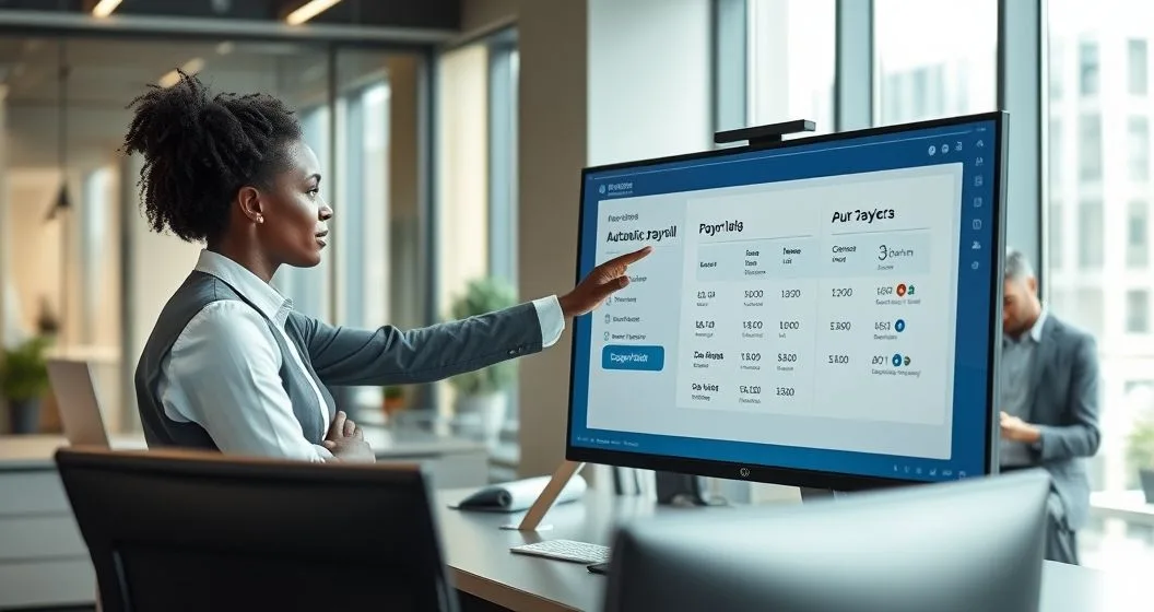 HR manager and employee setting up automatic payroll deduction on a monitor in a modern office