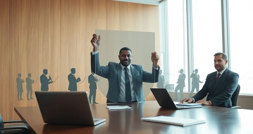 Bankruptcy attorney placing a translucent legal shield around a borrower blocking approaching creditors.