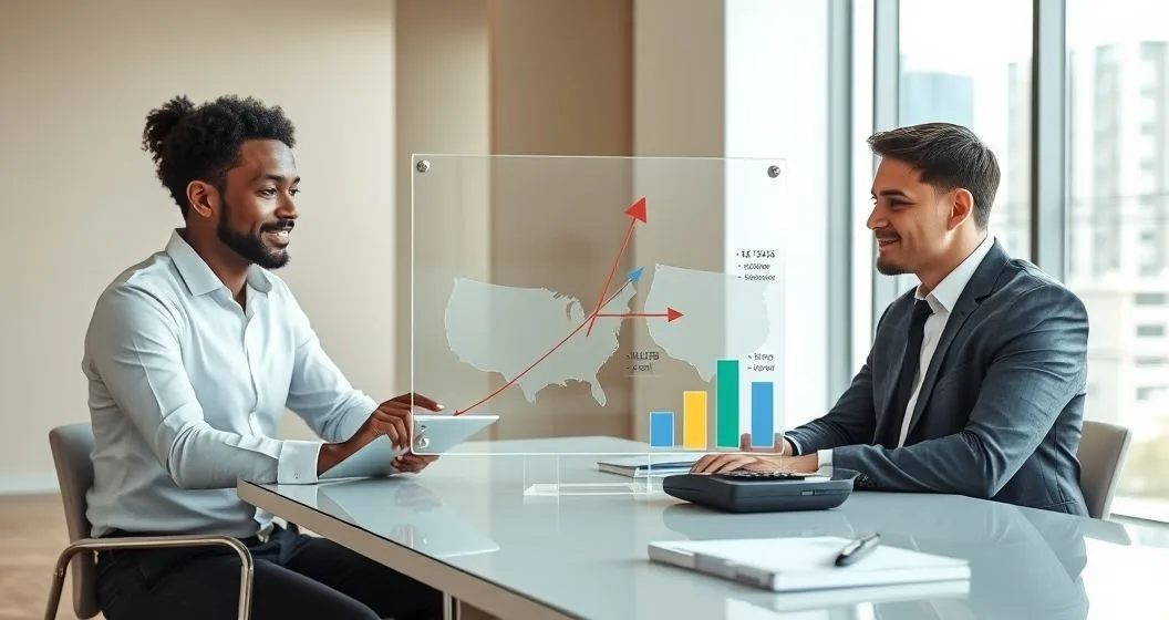 Tax advisor and client reviewing a tablet and glass board with two state outlines connected by arrows and bar indicators for sales payroll and property apportionment in a modern office