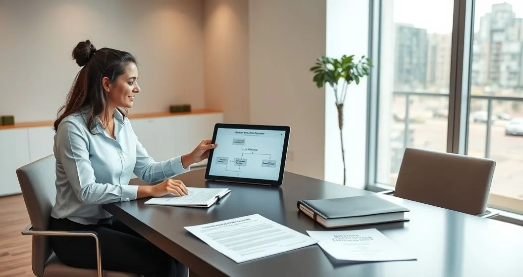 Financial advisor with a diverse couple reviewing trust and beneficiary documents and a tablet showing direct asset transfer.