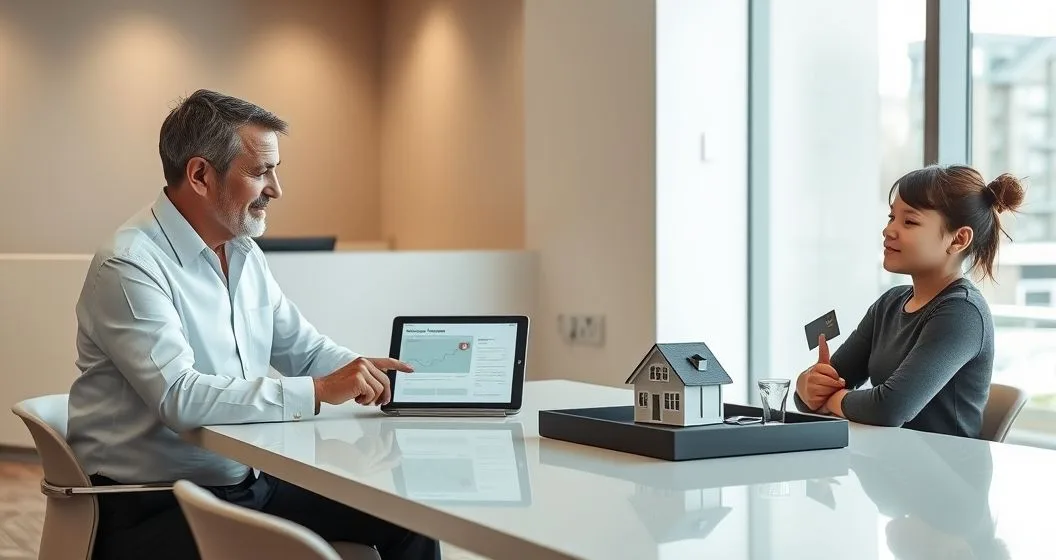 Financial advisor reviews a blurred beneficiary designation on a tablet with an older client while a younger family member holds a model house and bank card indicating direct transfer to beneficiaries