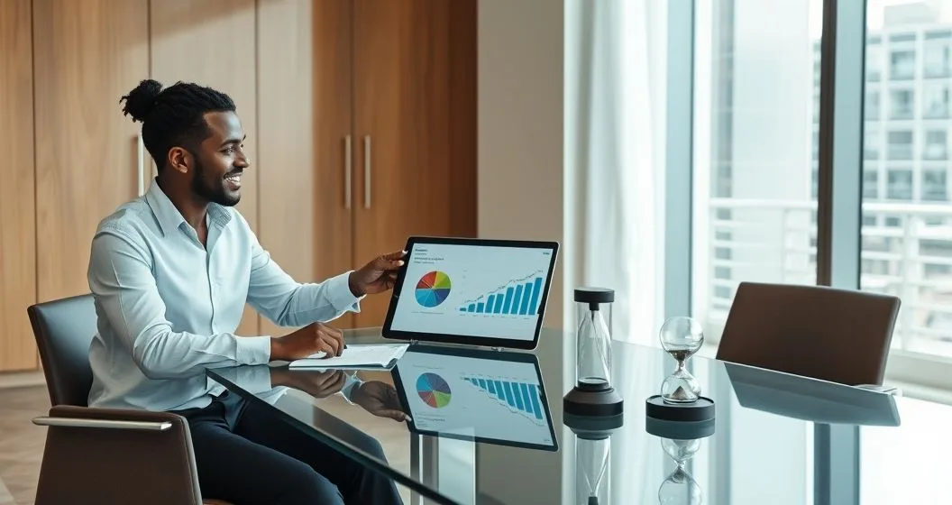 Financial advisor and client review a tablet showing portfolio allocation pie chart with a timeline and hourglass on a conference table