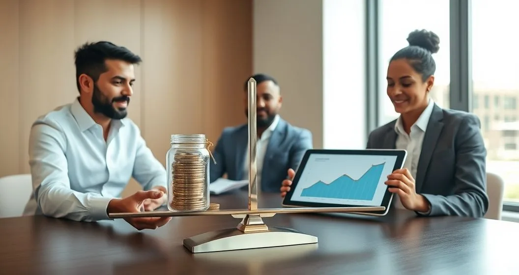 Financial advisor and two clients in a modern office adjusting a small balance scale with a jar of emergency cash on one side and stacked coins with a small plant on the other while viewing a tablet with a growth chart