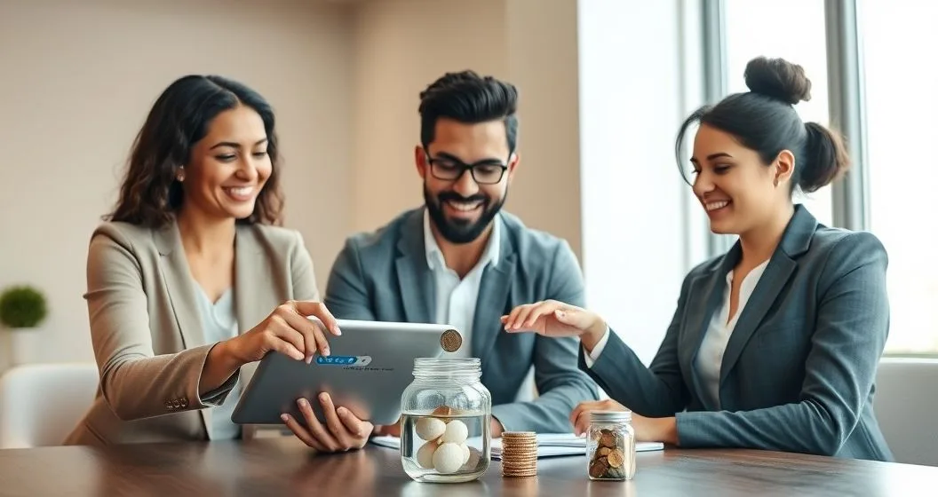 Financial advisor and diverse couple in a modern office activating an automatic transfer on a tablet while placing a coin into a clear savings jar beside a small indulgence item representing short term spending