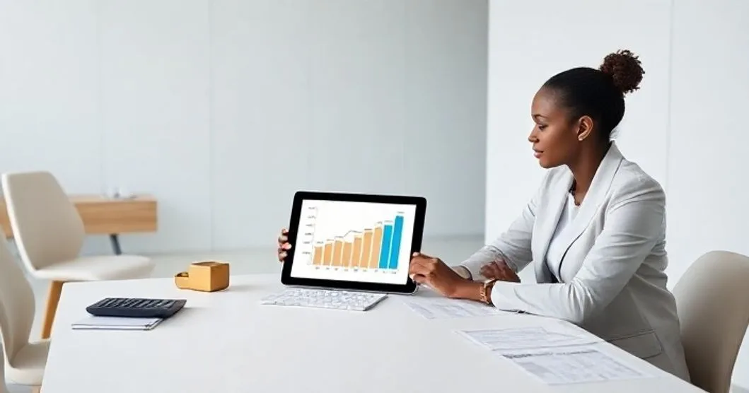 Financial advisor and client at a minimalist table reviewing a tablet with a chart that splits student loan repayment and retirement contributions, with calculator and documents nearby.