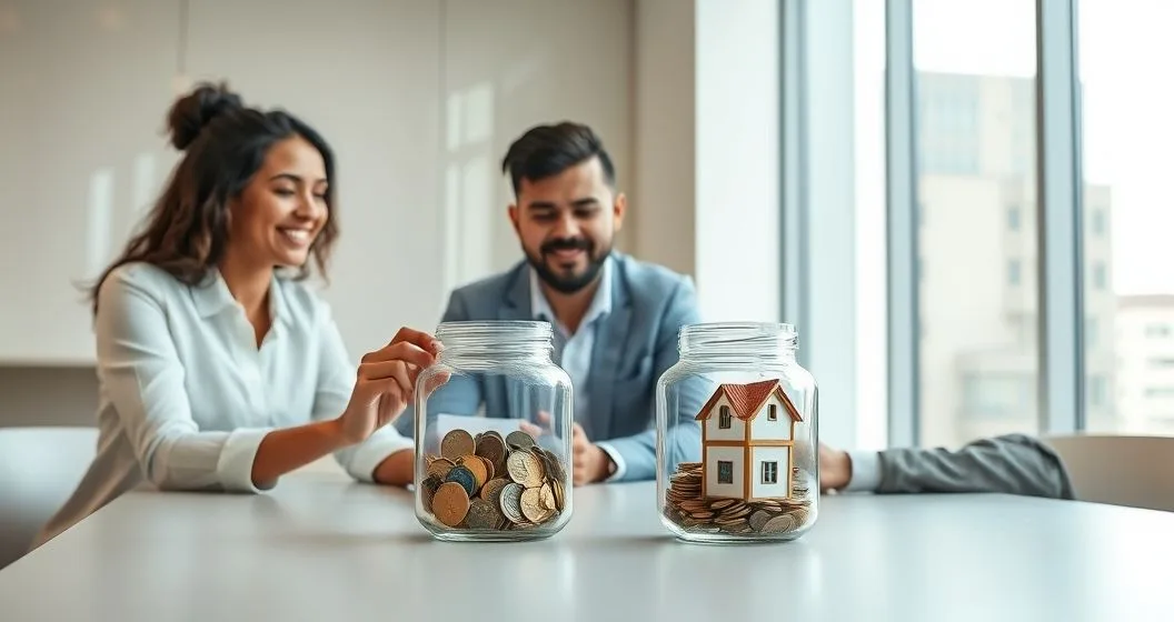 A diverse couple and a financial advisor at a modern desk placing coins and small tokens into two clear glass jars one with travel and lifestyle tokens the other with a miniature house and piggy bank