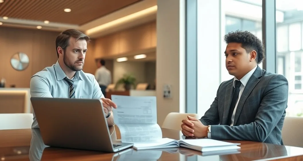 Bank manager explaining an account freeze to a concerned client in a modern branch office.