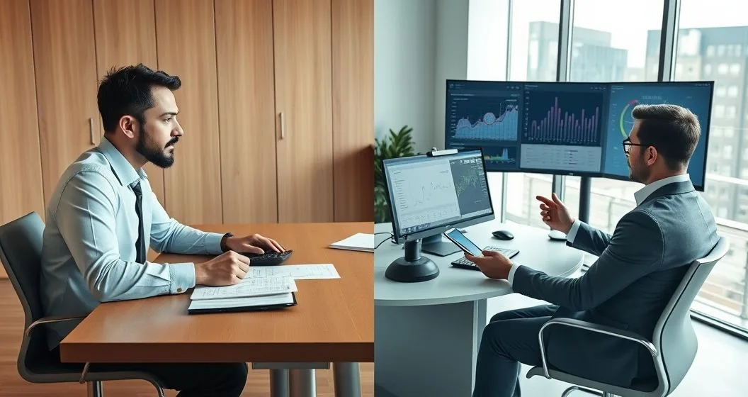 Left side a bank loan officer reviews paper documents with a client across a conference table. Right side a data scientist shows a borrower a smartphone and monitors with charts and algorithm visuals illustrating automated prequalification.