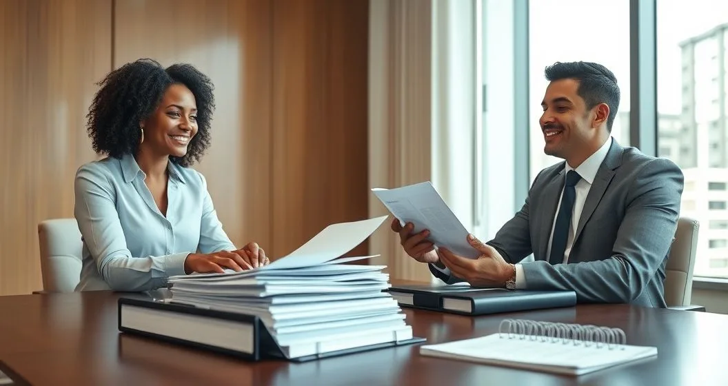 Bankruptcy attorney and client at a conference table as the attorney separates tax documents into two piles to illustrate which tax debts may be discharged