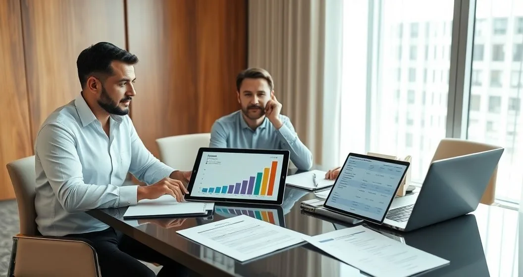 Financial advisor explains a tablet valuation split to an heir and executor across a conference table with estate documents and a laptop