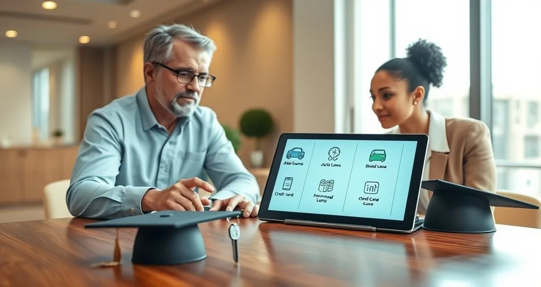 Financial advisor explaining different consumer loan types to a young couple using a tablet, with car key and graduation cap props on the table.