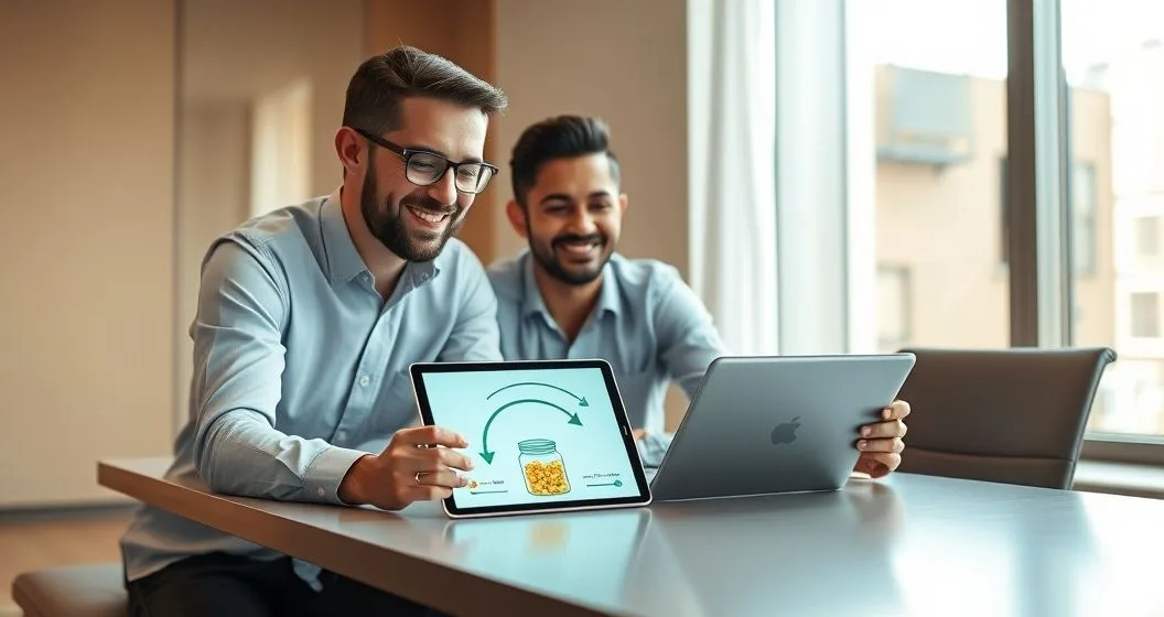 A financial coach and a young couple examine a tablet showing visualized automated savings flows into a digital jar and simple sliders representing rules of thumb