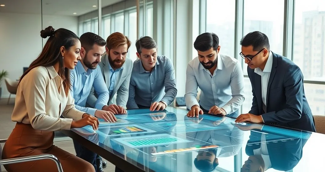 Analysts and loan officer reviewing a translucent touchscreen with spending heatmaps bill pay timelines device activity icons and a loan rate slider in a modern conference room