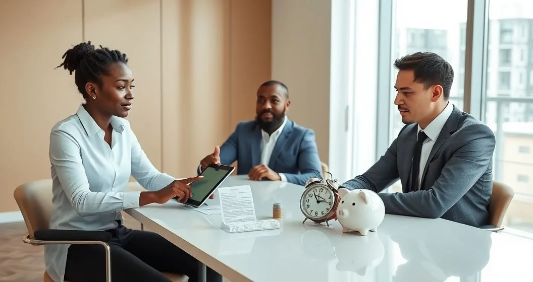 Financial adviser and clients at a clean conference table with a tablet and objects symbolizing overspending procrastination and saving.