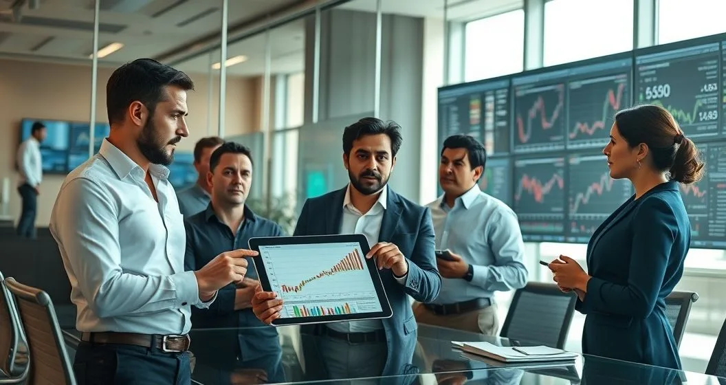Diverse financial team in a modern boardroom guiding an anxious investor with a tablet showing a risk framework graphic and monitors displaying market charts
