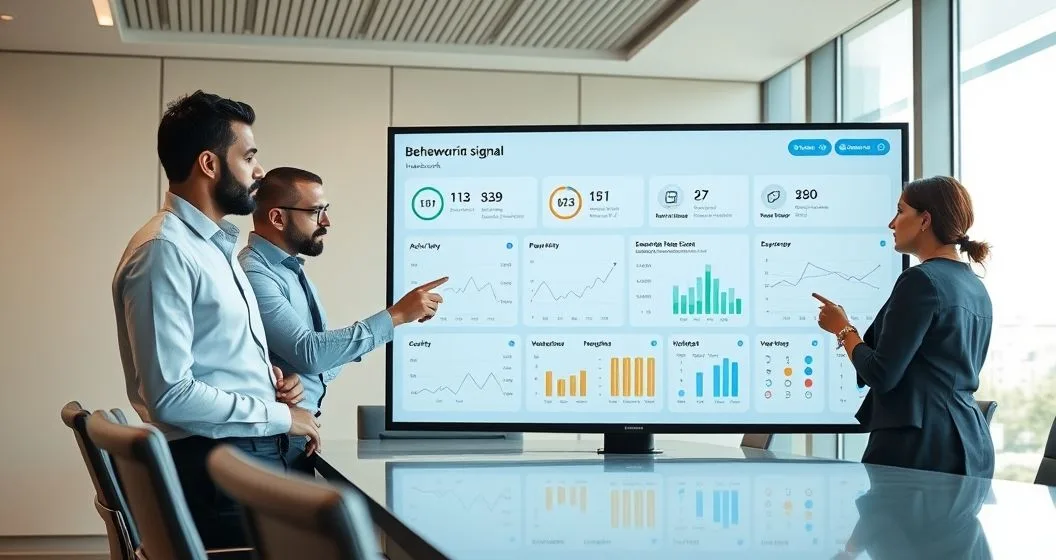 Two finance professionals examine a large underwriting dashboard displaying activity timelines payment trends and device login patterns