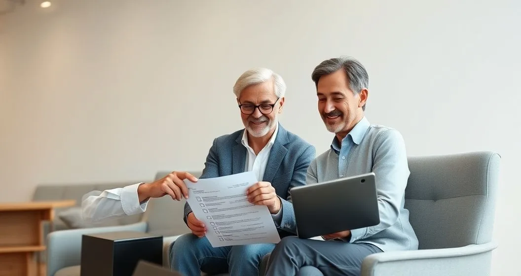 Financial advisor and a mature diverse couple reviewing beneficiary forms and a tablet in a modern office
