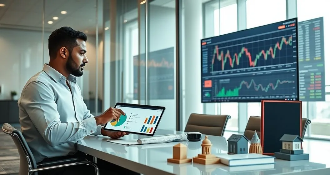 Two financial professionals examine a tablet with a blended portfolio pie chart while a wall screen shows stock charts and nearby models represent private investments