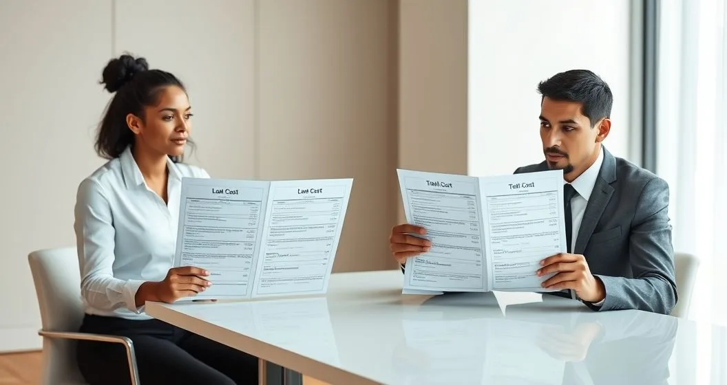 Loan officer points to columns on two disclosure sheets while a diverse couple reviews loan terms at a clean conference table