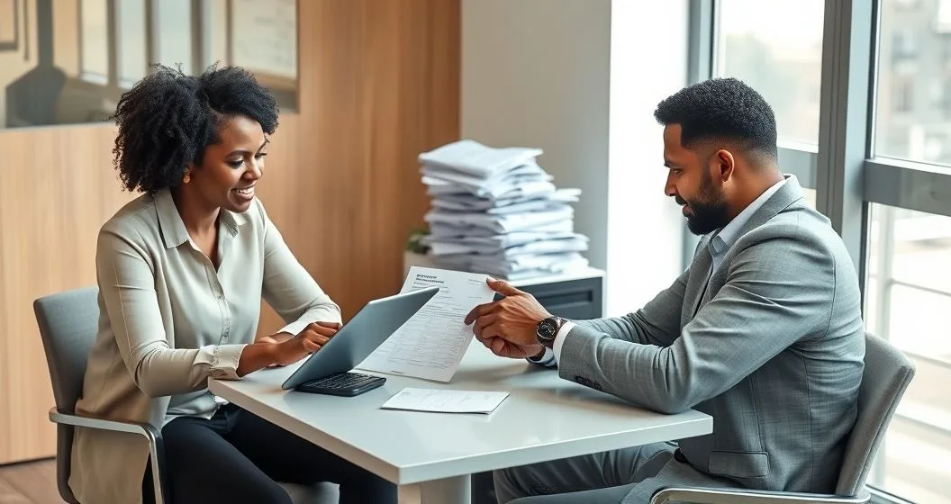Financial counselor reviews a repayment plan with a borrower at a modern office table with a tablet and calculator conveying relief and practical steps to escape a payday loan cycle
