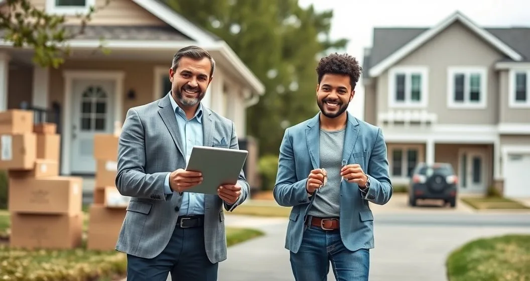 Mortgage broker presents a tablet to a diverse couple standing between their old home with moving boxes and a new house illustrating a bridge loan