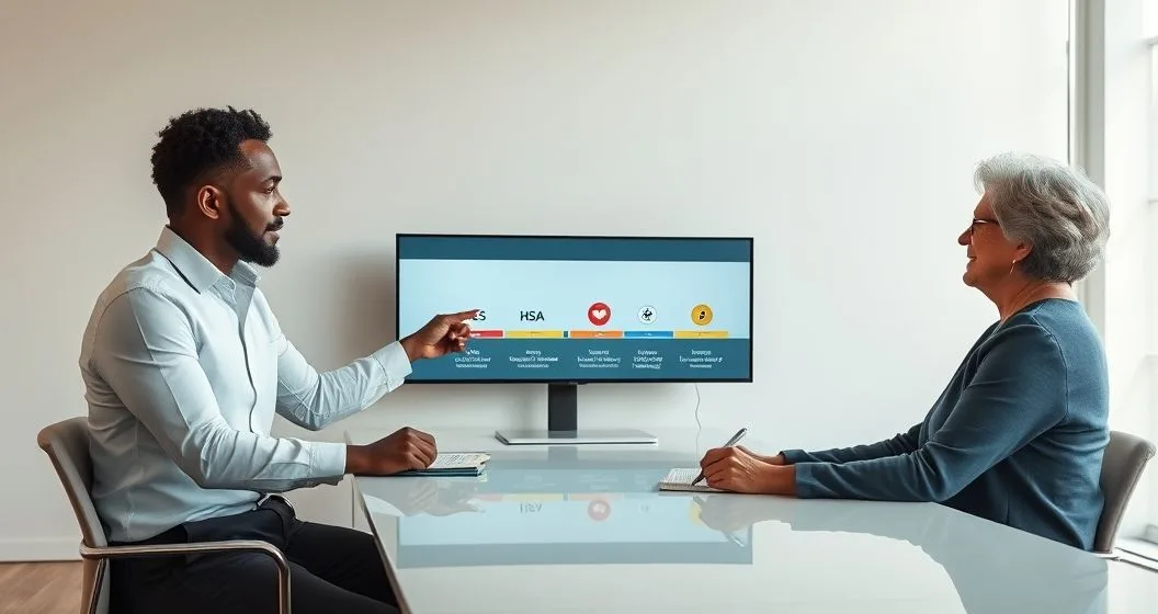 Financial advisor and retired couple reviewing a digital timeline with icons for savings HSA short term insurance annuity and Roth conversions in a modern office