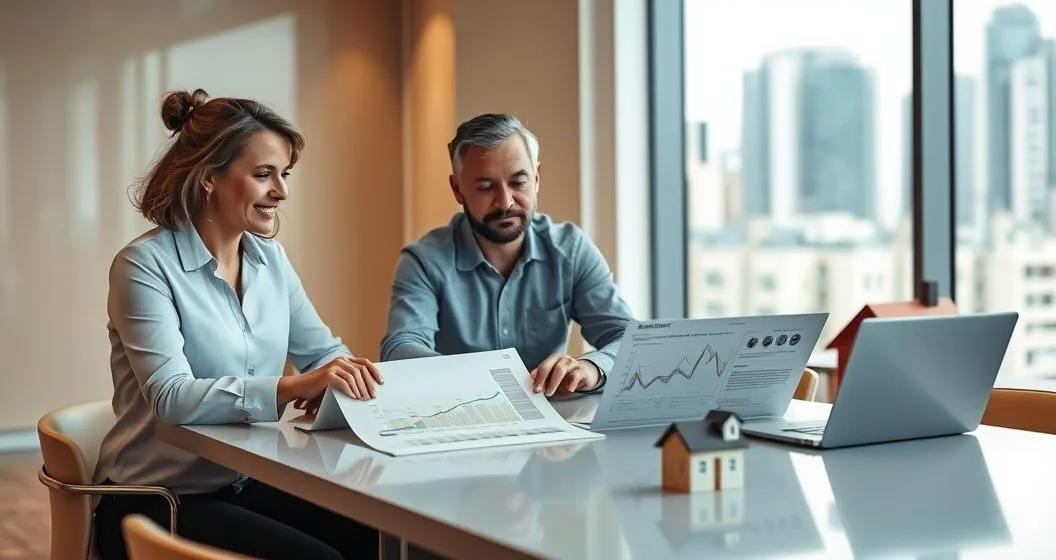 Couple and financial advisor reviewing a timeline and options in a modern office to bridge income before Social Security
