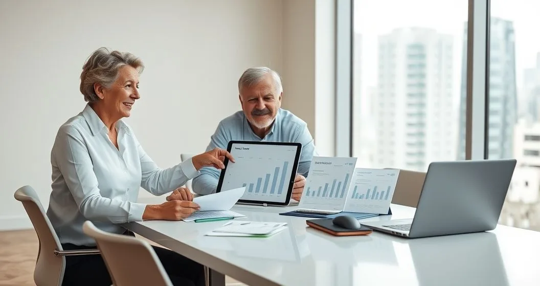 Older couple and financial advisor reviewing a tablet timeline of short term income options in a modern office.