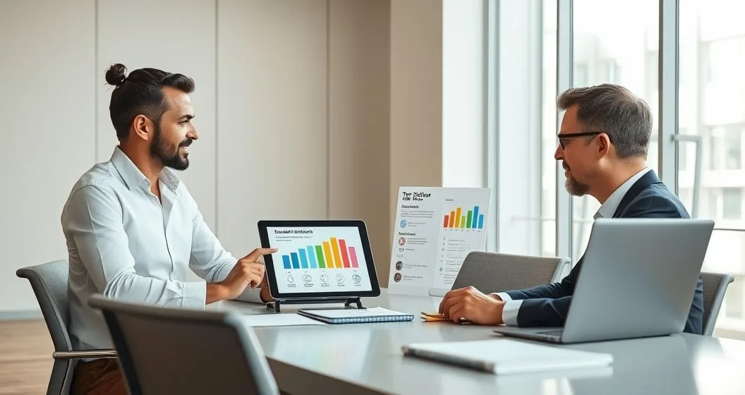 Tax advisor explains updated tax rules to a diverse couple using a tablet with a color coded infographic in a modern office