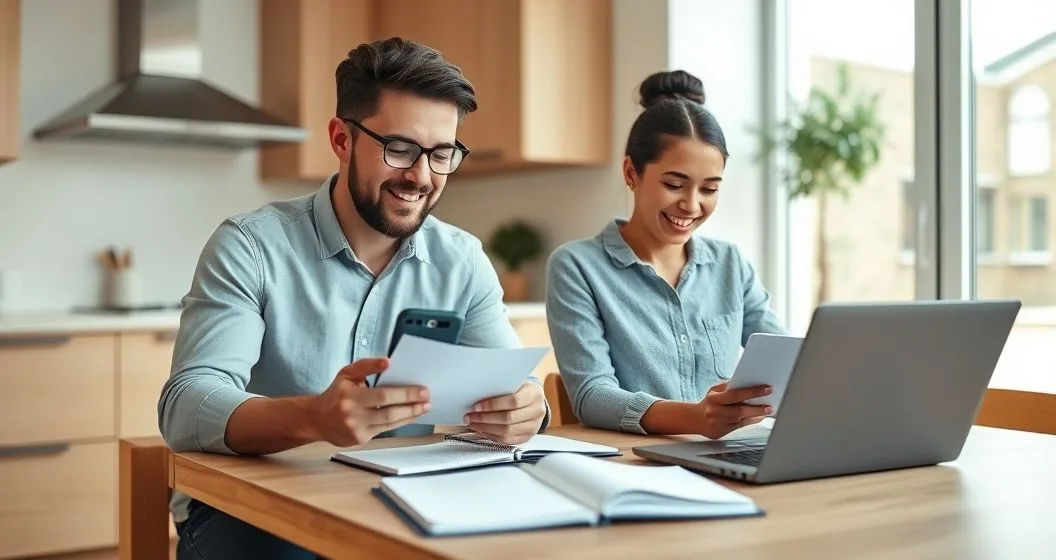 Two diverse professionals at a minimalist kitchen table using a smartphone and laptop to review subscriptions and set up automated savings with a notebook and tidy bills nearby