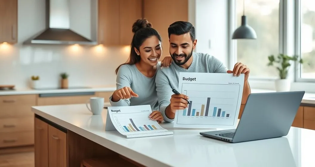 A diverse couple at a modern kitchen island reviewing a shared budget on a laptop and a printed chart showing proportional contributions while discussing and using a calculator.