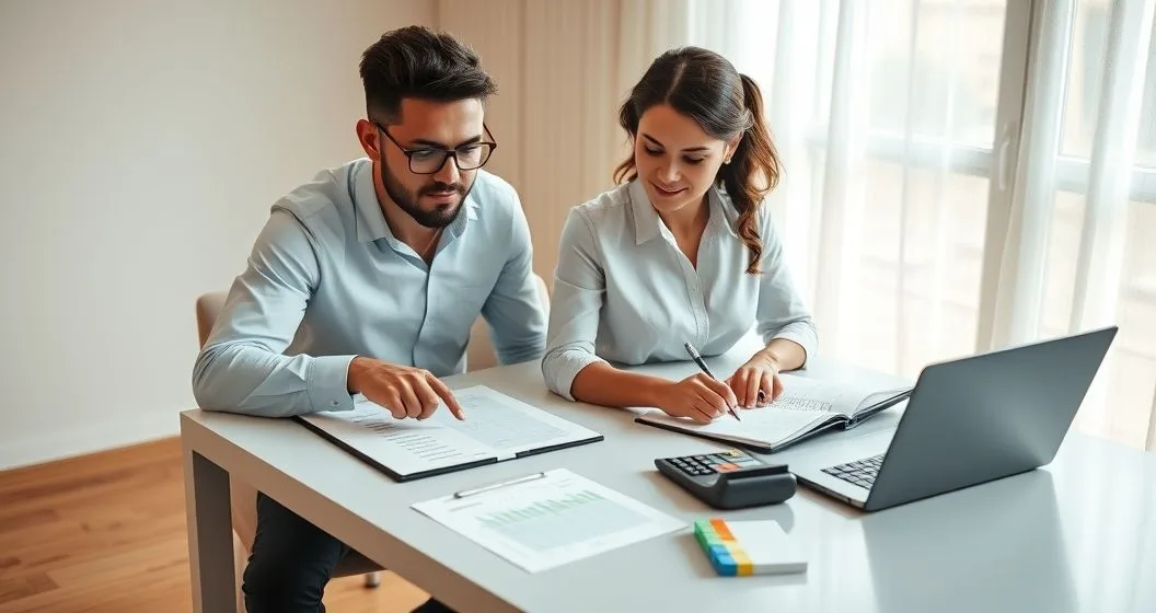 A diverse couple reviews budget documents at a minimalist home desk as one points at a tablet and the other takes notes