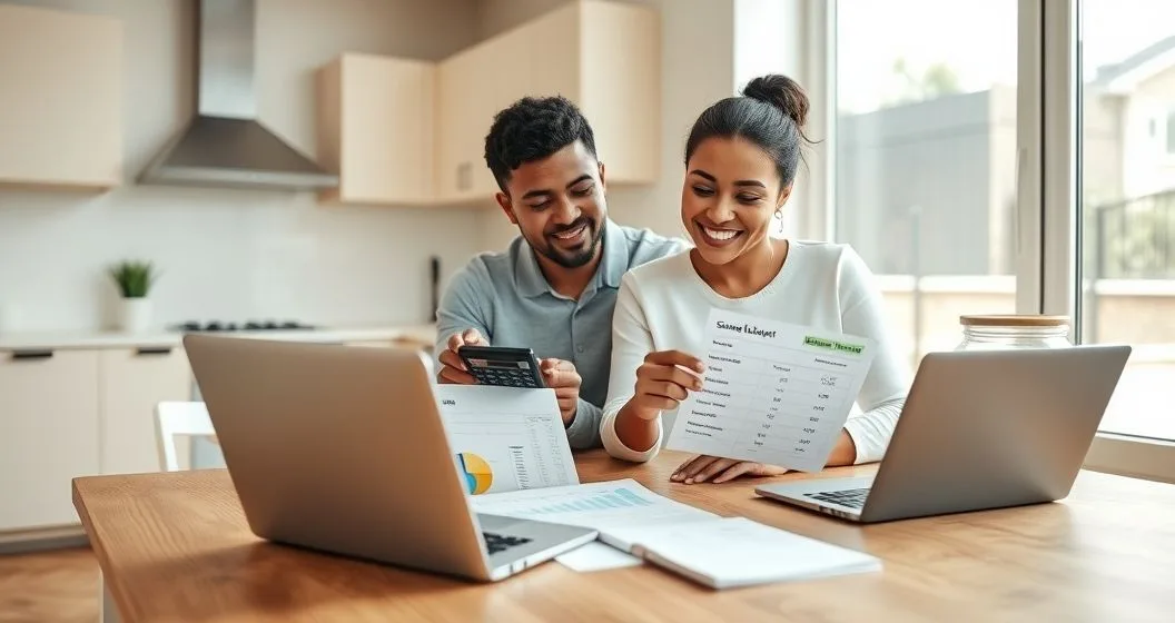 Two partners at a minimalist table working through a shared budget with a laptop calculator savings jars and a goals list