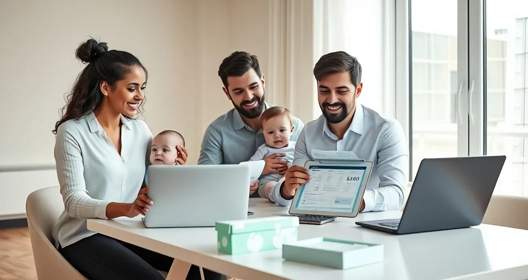 New parents consult a financial advisor at a clean modern table with baby items and budgeting materials