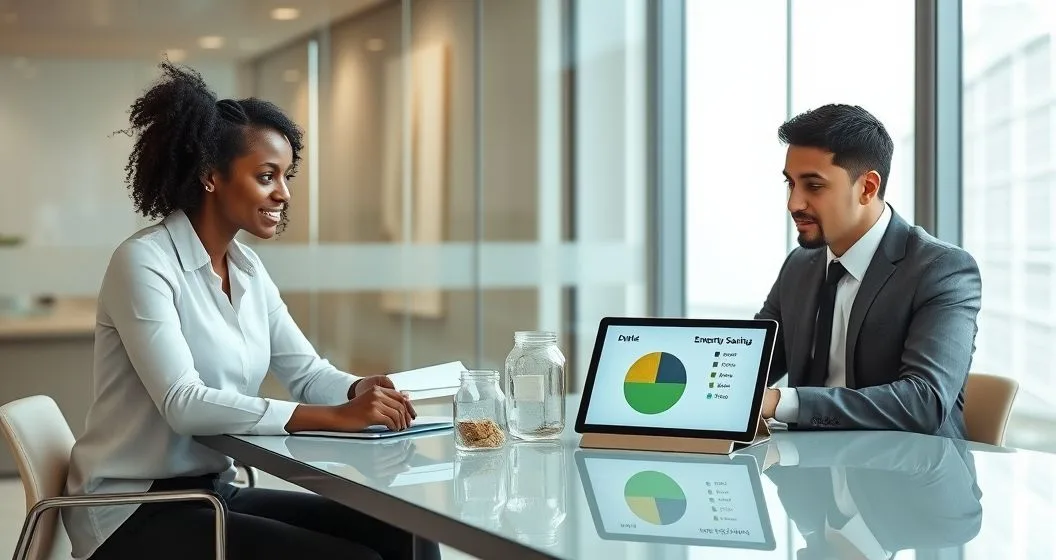Financial advisor and client placing cash into three translucent jars and viewing a tablet pie chart to allocate a bonus among emergency savings debt repayment and investments