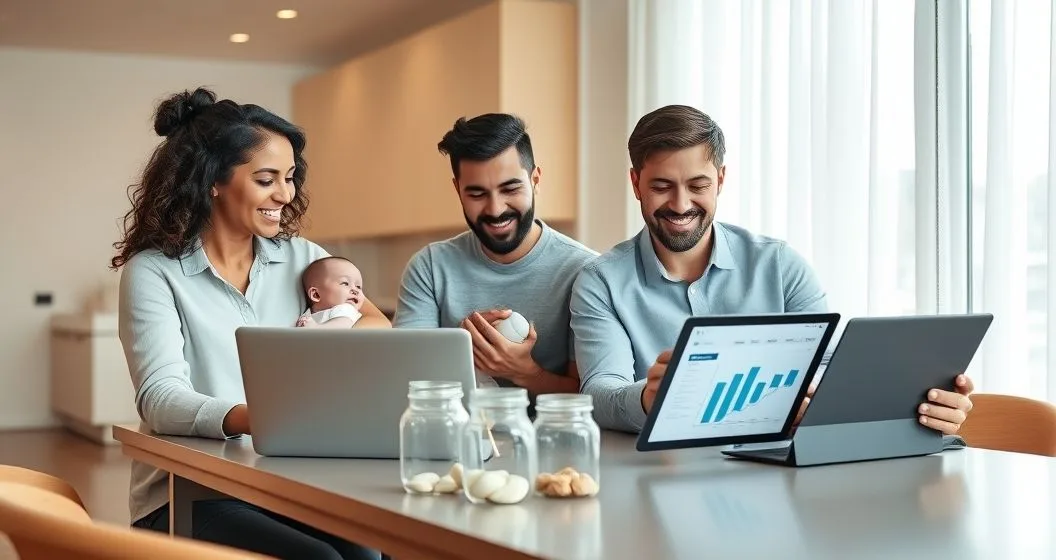 Diverse young couple with a newborn and a financial advisor at a minimalist dining table reviewing a laptop showing budget charts with clear savings jars and a baby carrier nearby.